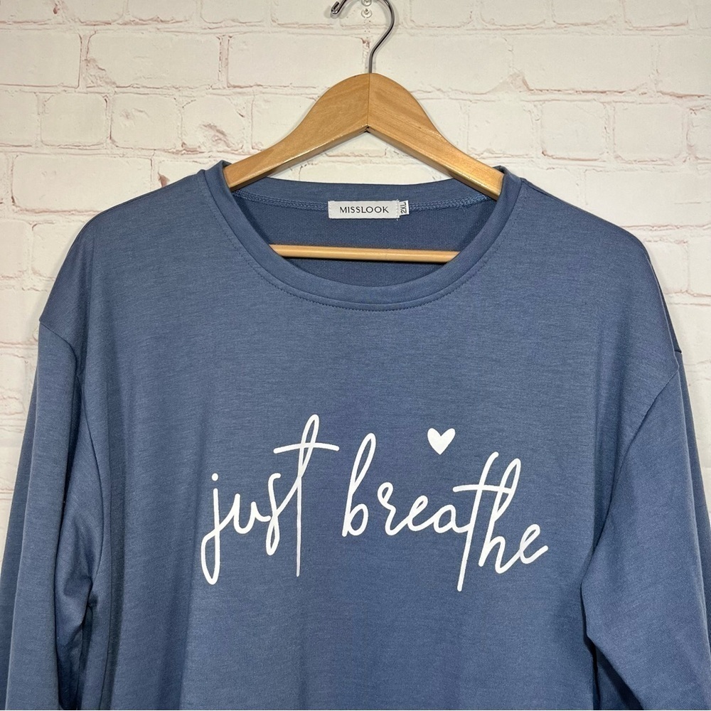 MISSLOOK Just Breathe Shirt Womens 2XL Blue Long Sleeve Crew Neck - Picture 2 of 7